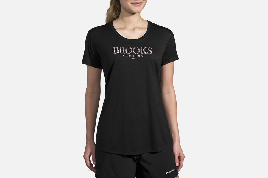 Womens Brooks Distance Graphic Tee Tops Black/Bejeweled | 934285-PRU